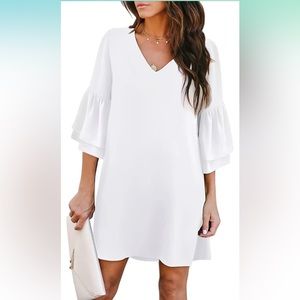 BELONGSCI Medium Dress Tunic V-Neck Bell Sleeve Casual Loose Flowy Swing Dress